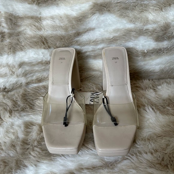 Zara Women's Beige Platform Mules with Clear Strap Size 6.5 - Picture 2 of 3